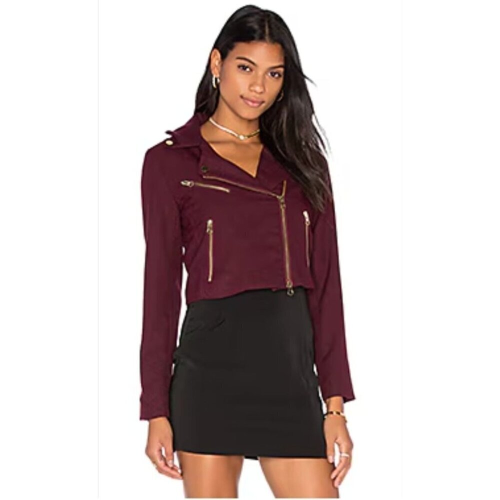 Womens Cropped Moto Streetwear Jacket Gold Zip Details Size Small Burgundy